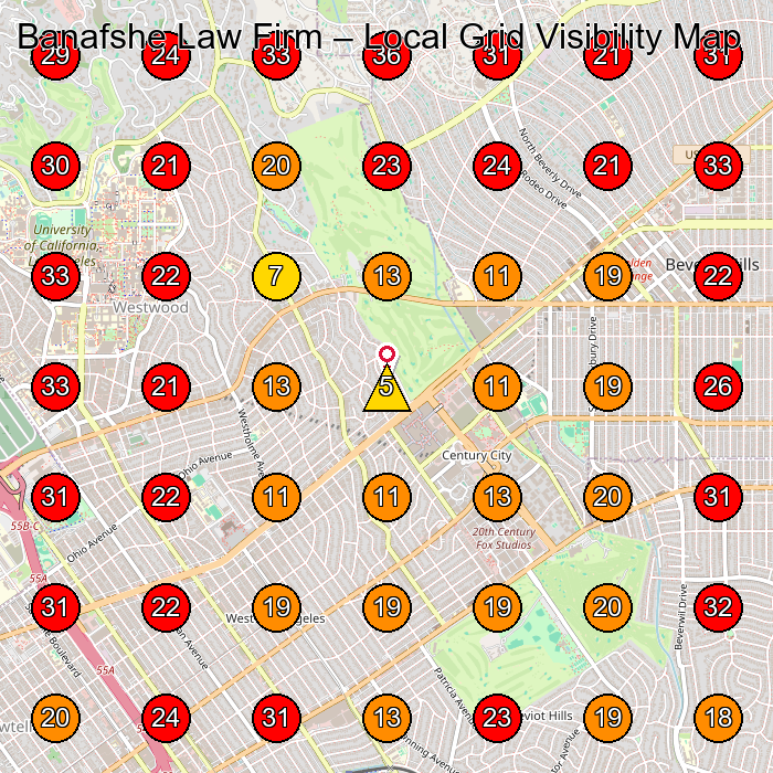 Banafshe Law Firm GeoGrid visibility map for Personal Injury Attorney in Los Angeles